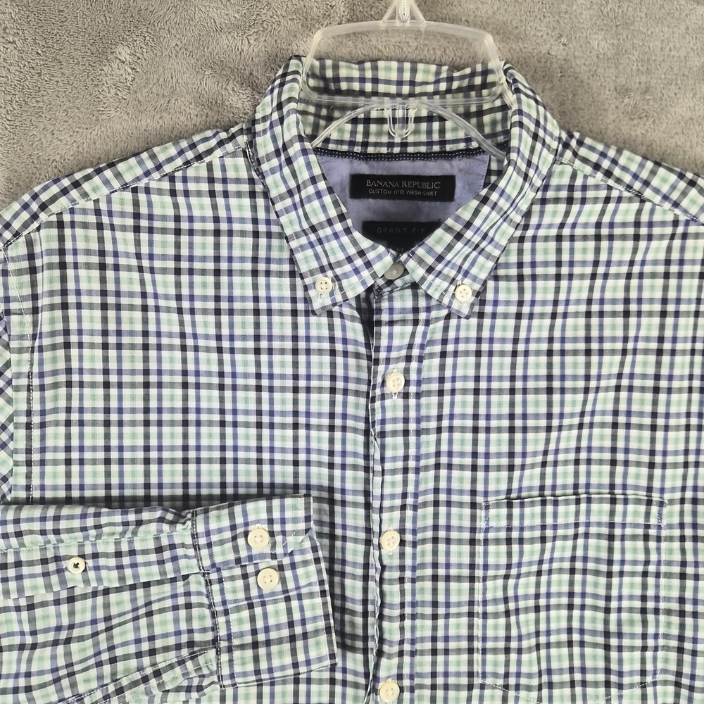 Banana Republic Grant Fit‎ Custom 078 Wash Shirt Mens Medium Green Plaid Cotton